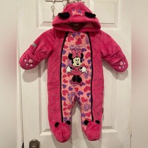 Adorable Disney Minnie Mouse Baby Fleece Bunting Pink Snowsuit Size 6-12 Months